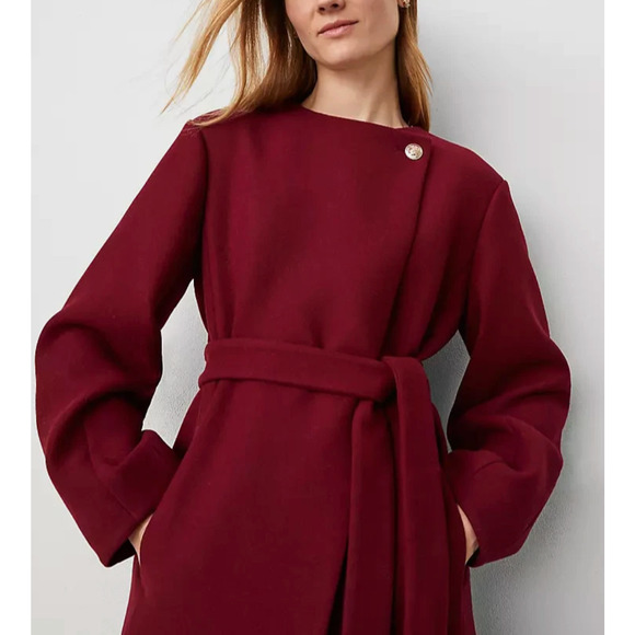 NEW ANN TAYLOR RICH MULBERRY TIE WAIST BALLOON SLEEVE WOOL BLEND COAT SZ XL - Picture 2 of 7